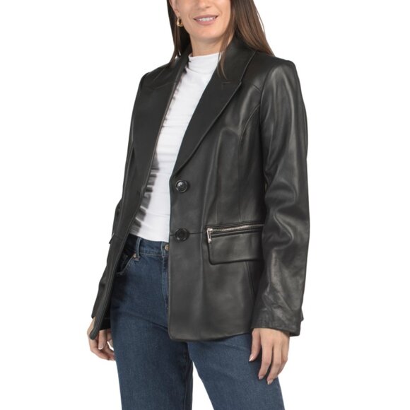 ANNE KLEIN Black Leather Missy Blazer With Zipper Detail - Picture 1 of 2